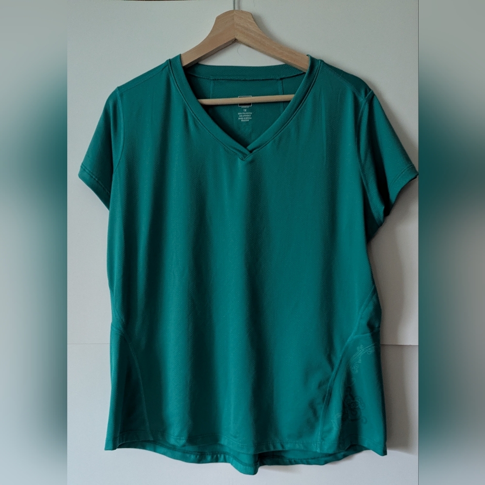 REI Women's 1X Teal Blue V Neck Cap Sleeve Athletic Tee